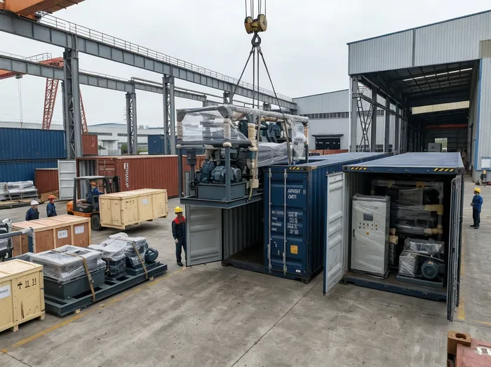 Flaskless processing line equipment packed in standard 40-foot shipping containers