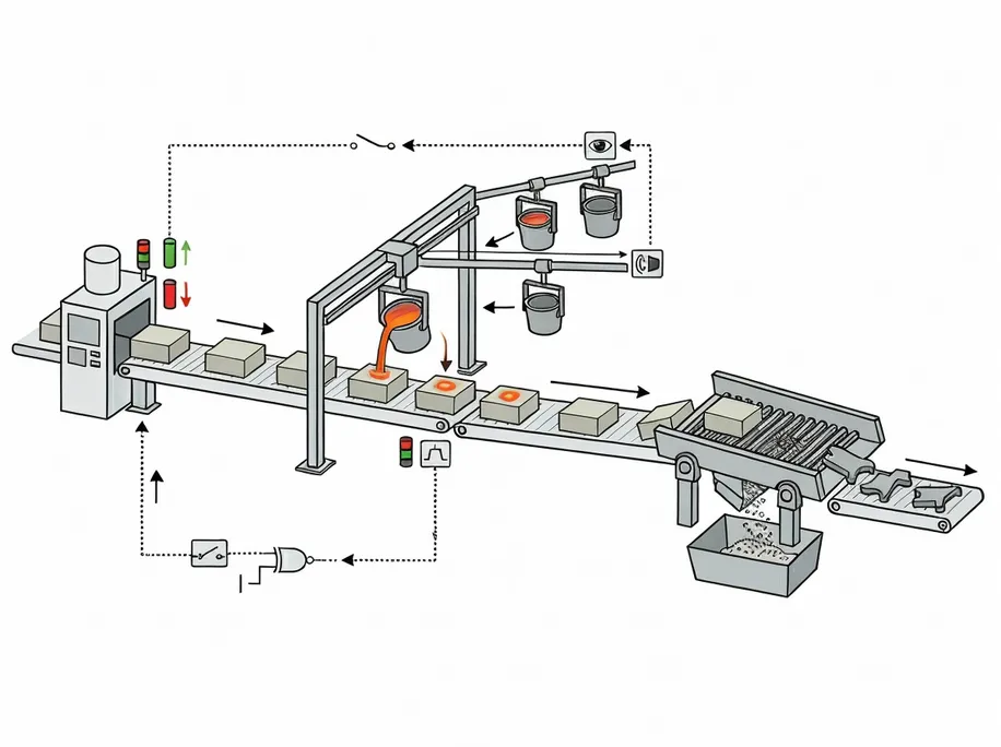 Downstream integration diagram showing flaskless mold output flowing through automated pouring station, cooling conveyor, and shakeout system