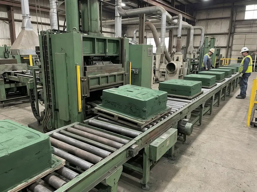 Flaskless clay sand processing line — automated mold ejection and conveyor system in production facility