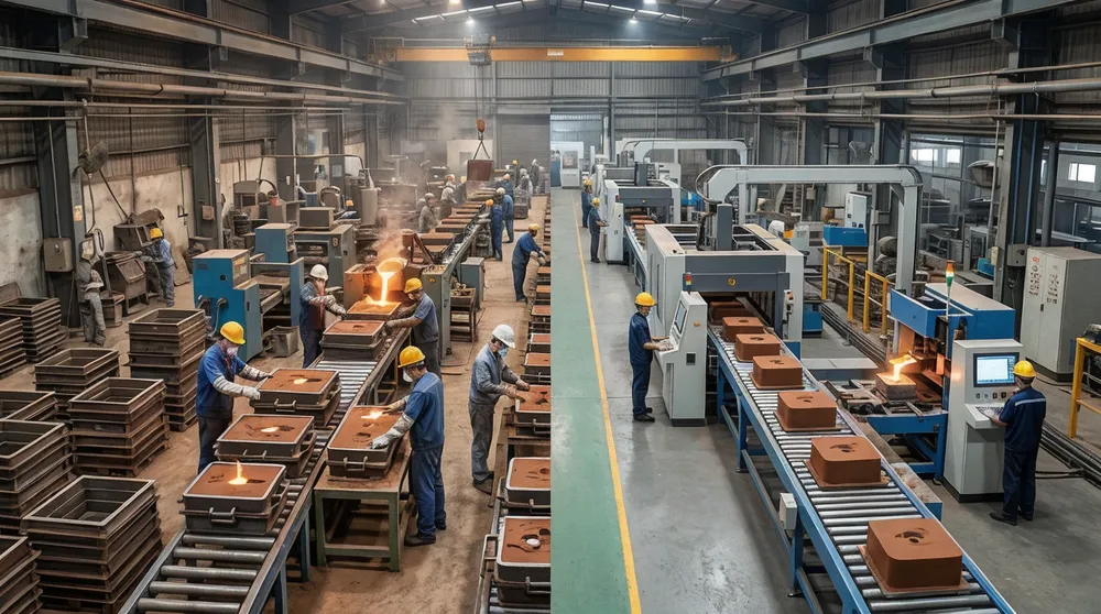 Side-by-side comparison of flaskless molding line and flask-based molding line in a foundry production environment