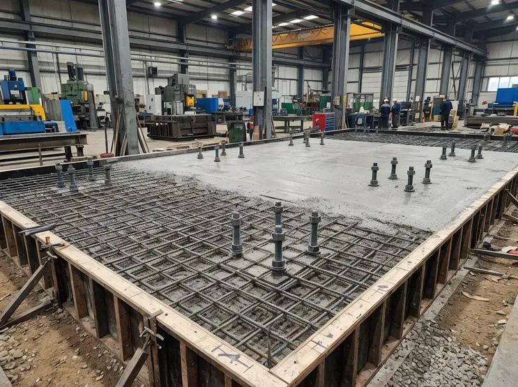 Reinforced concrete foundation slab for flaskless molding line showing rebar layout and anchor bolt positions