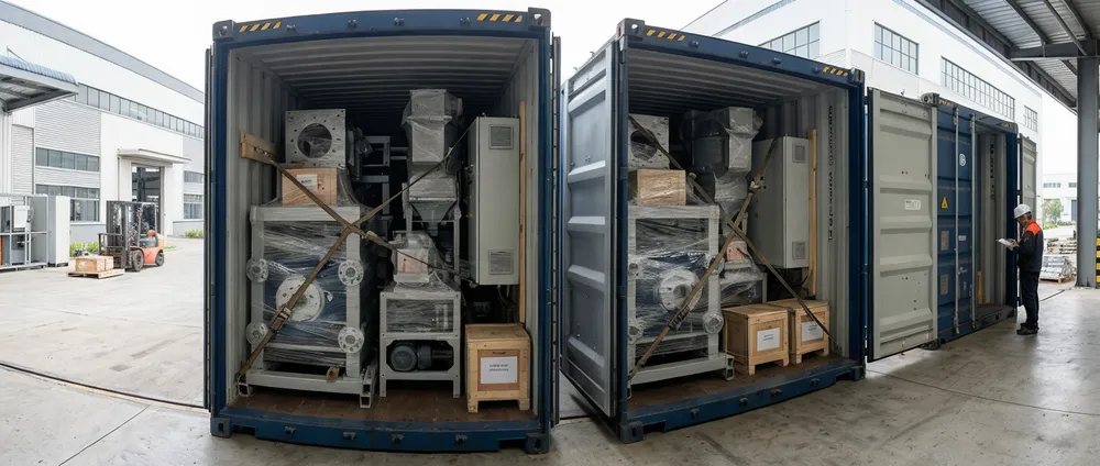 Modular flaskless clay sand processing line components packed in standard 40-foot shipping containers