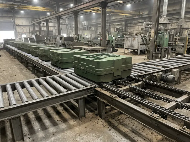 Flaskless mold transport conveyor system showing roller-to-chain transition zone in a production foundry