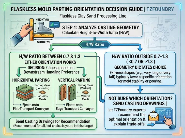 Diagram showing vertical vs horizontal parting plane orientation for flaskless molds, with height-to-width ratio guidelines