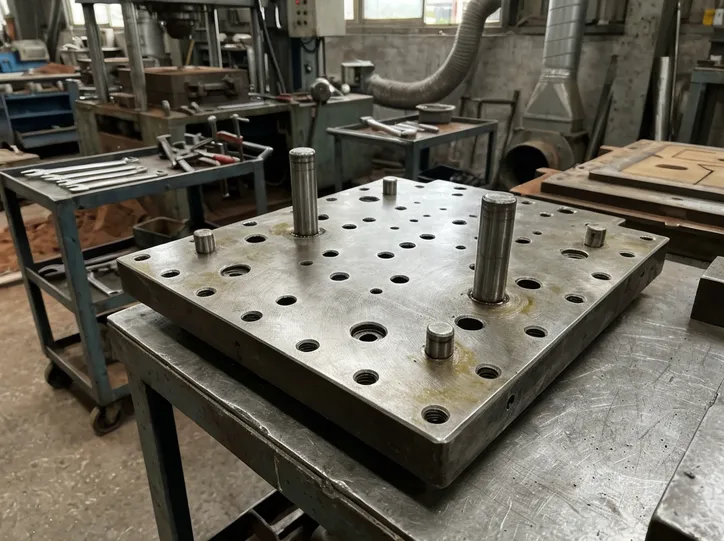 Flaskless pattern plate with ISO-standard bolt hole mounting grid and alignment pin locations