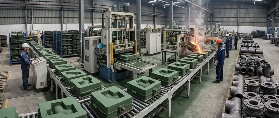 Pipe fitting foundry using flaskless molding for high-volume production of standard elbows, tees, and flanges