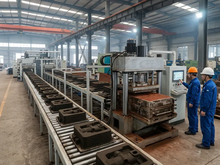 PLC-controlled flaskless clay sand molding configuration with servo-driven compaction and automated mold handling — 100 to 200 molds per hour capacity