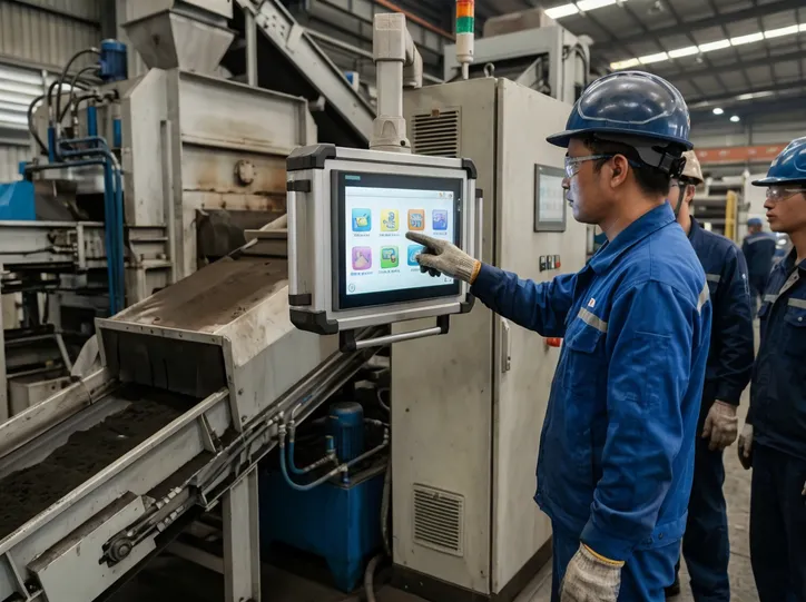 Operator navigating the icon-based touchscreen HMI on a TZFoundry flaskless clay sand processing line during hands-on training