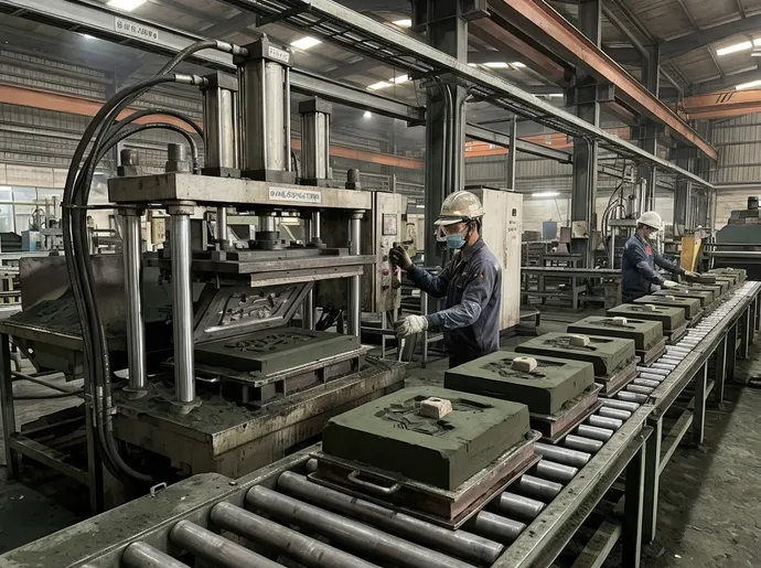 Semi-automatic flaskless clay sand processing line — 50-100 molds per hour configuration with hydraulic compaction station and roller conveyor transport