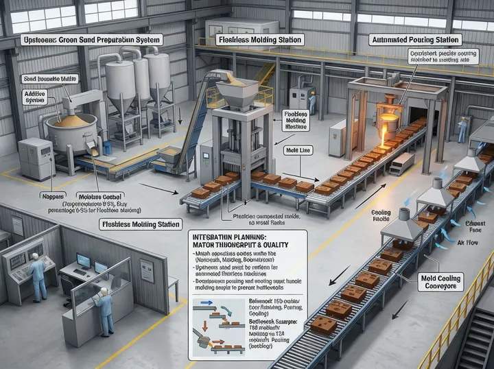Flaskless clay sand processing line system integration diagram showing upstream sand preparation, molding station, and downstream pouring and cooling workflow