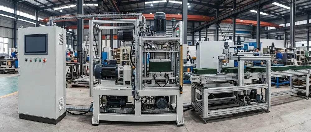 Flaskless clay sand processing line technical specifications — control panel, servo compaction unit, and mold ejection system side by side