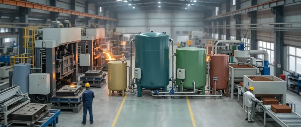 System cost allocation breakdown for a complete flaskless clay sand processing line showing molding unit, sand preparation, pouring and cooling, shakeout and reclamation, and installation shares