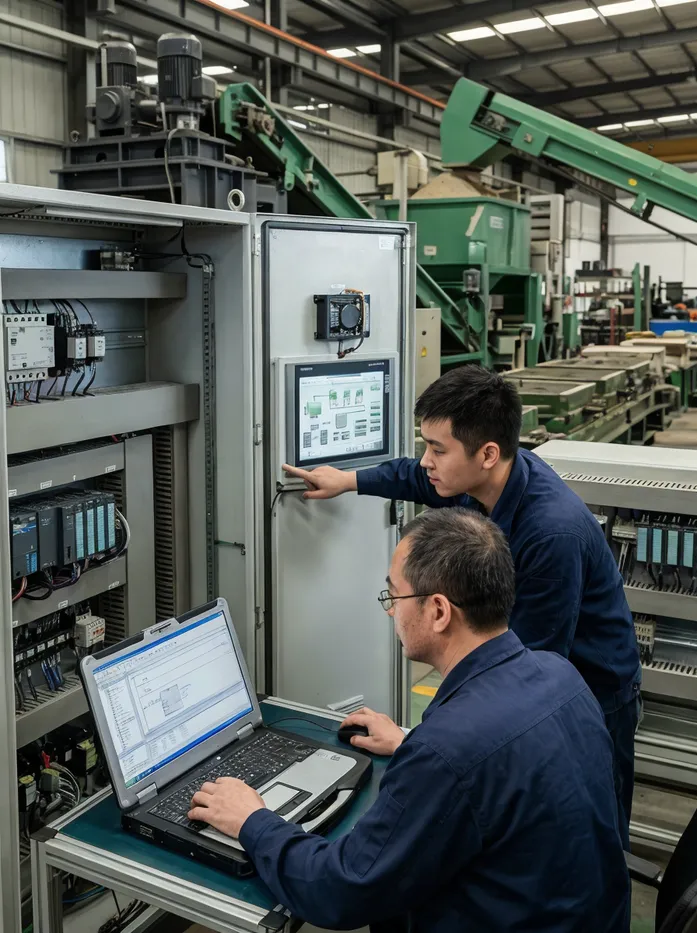 TZFoundry in-house engineering team programming PLC control systems for a custom flaskless molding line configuration