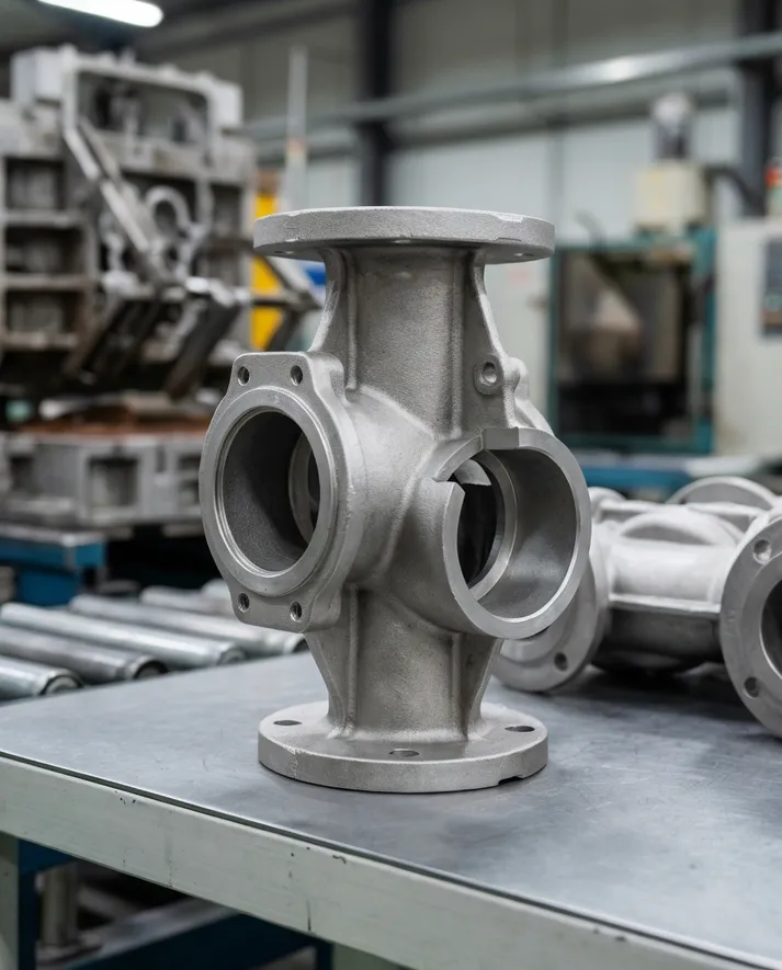 Valve body casting produced on a flaskless clay sand processing line showing dimensional accuracy and consistent wall thickness