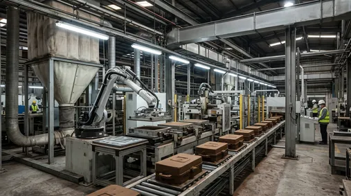 Automatic flaskless clay sand processing line with robotic pattern handling and enclosed sand conveyors