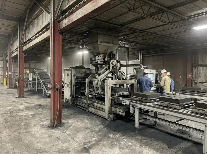 Horizontal flaskless clay sand processing line installed in a brownfield foundry with low ceiling height, showing compact vertical clearance under existing roof structure