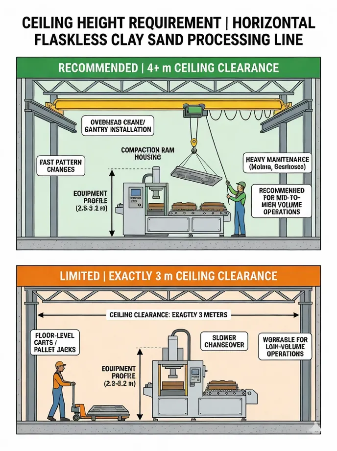Ceiling height clearance diagram showing 2.8–3.2 m equipment profile and recommended 4+ m clearance for overhead crane installation