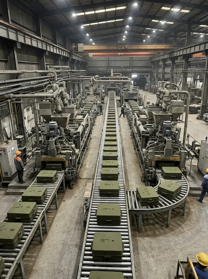 Dual-station horizontal flaskless molding line configured for high-volume automotive casting — parallel stations feeding a shared conveyor system