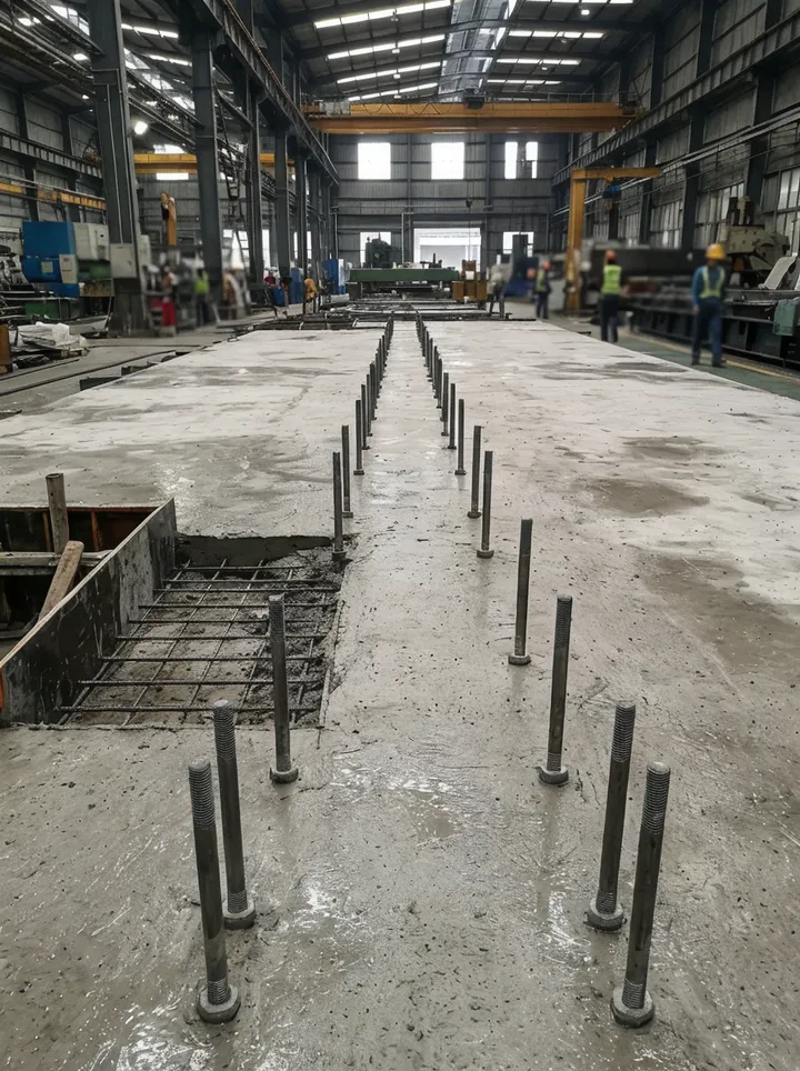 Reinforced concrete foundation slab with M20 anchor bolts positioned for horizontal flaskless molding line installation