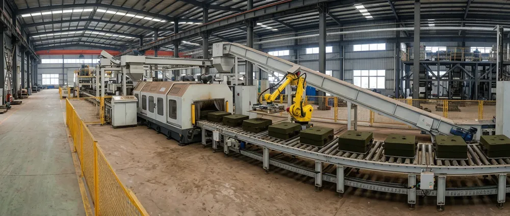 Fully automated horizontal flaskless clay sand molding line with robotic pattern change and enclosed conveyors