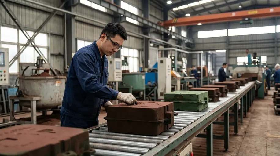 Operator visually inspecting mold halves at waist height on a horizontal flaskless conveyor line