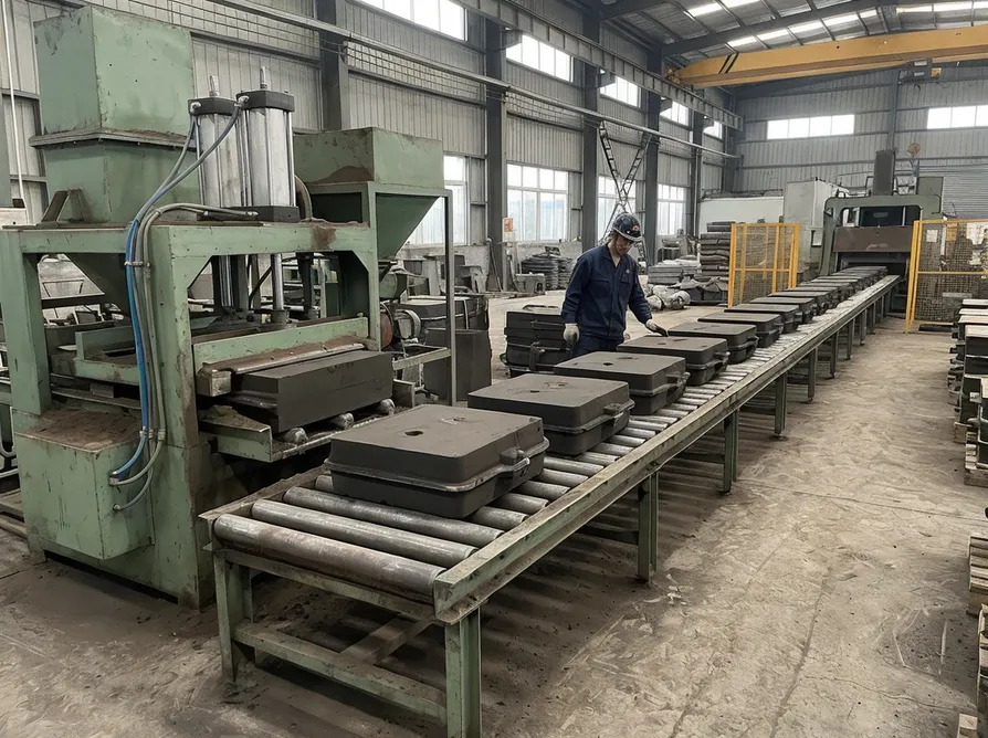 Horizontal flaskless clay sand processing line — conveyor-based mold transport system in factory setting