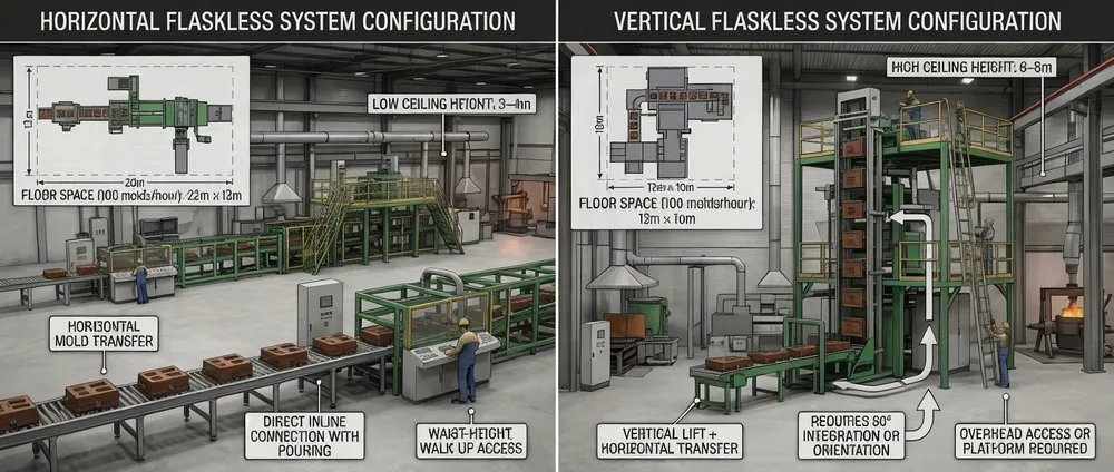 Side-by-side comparison of horizontal and vertical flaskless clay sand processing line configurations showing floor space and ceiling height differences