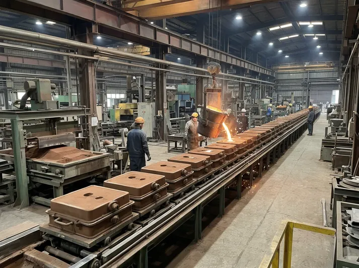 Horizontal flaskless molding line integrated inline with a 28-meter pouring conveyor, demonstrating straight-line material flow without orientation changes