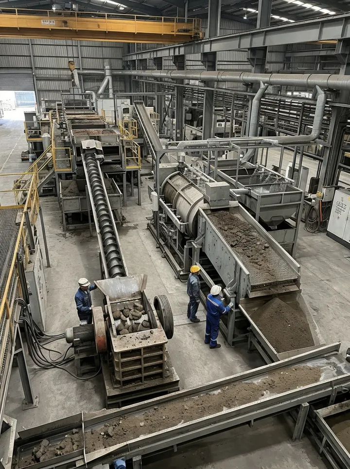 Inline sand reclamation system integrated into horizontal flaskless clay sand processing line showing screw conveyor, jaw crusher, vibrating screen, and washing stages