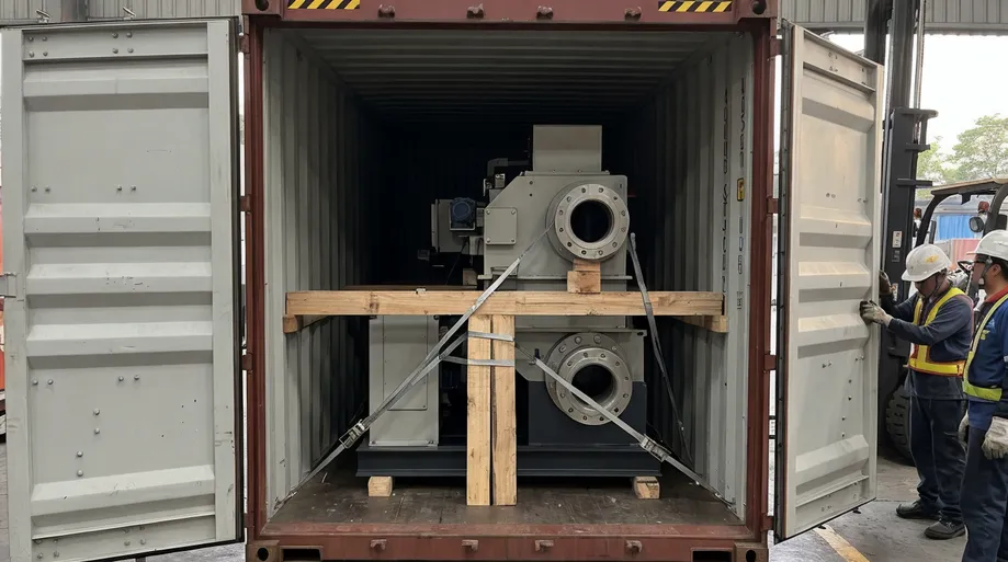 Horizontal flaskless molding line modules packed into 40HQ shipping containers showing precision-fit arrangement