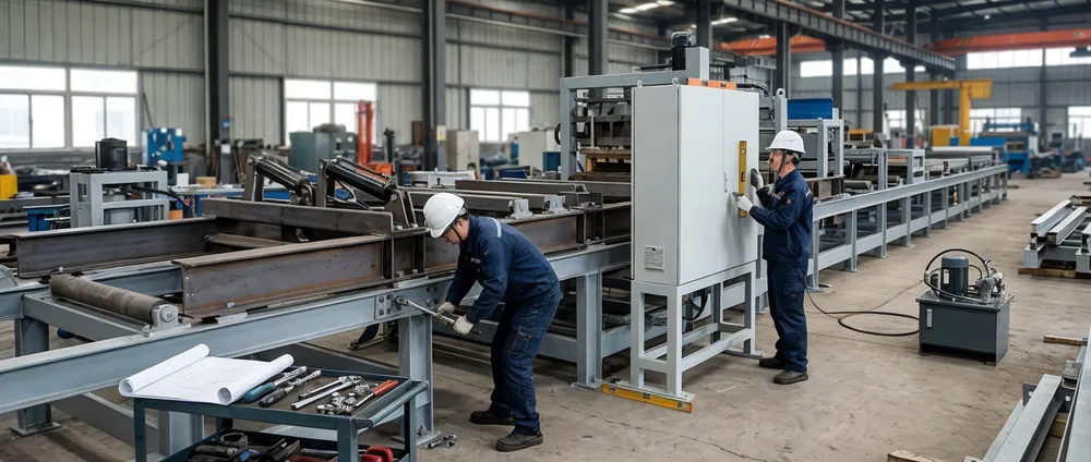Technicians assembling a horizontal flaskless clay sand processing line on site — mechanical frame joining and PLC cabinet positioning
