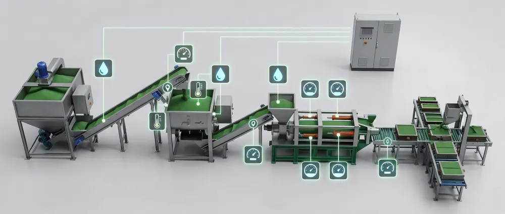 PLC monitoring points diagram for horizontal flaskless clay sand processing line showing moisture sensor, pressure transducer, temperature probe, and conveyor sensor positions