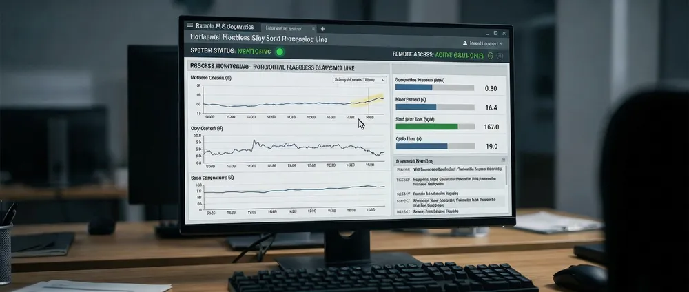 Remote PLC diagnostics interface showing real-time process data monitoring for horizontal flaskless clay sand processing line