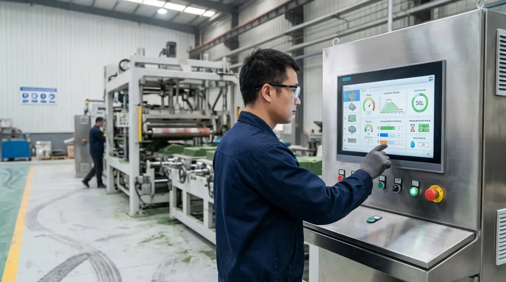 Semi-auto PLC control panel with touchscreen interface for horizontal flaskless molding line recipe management