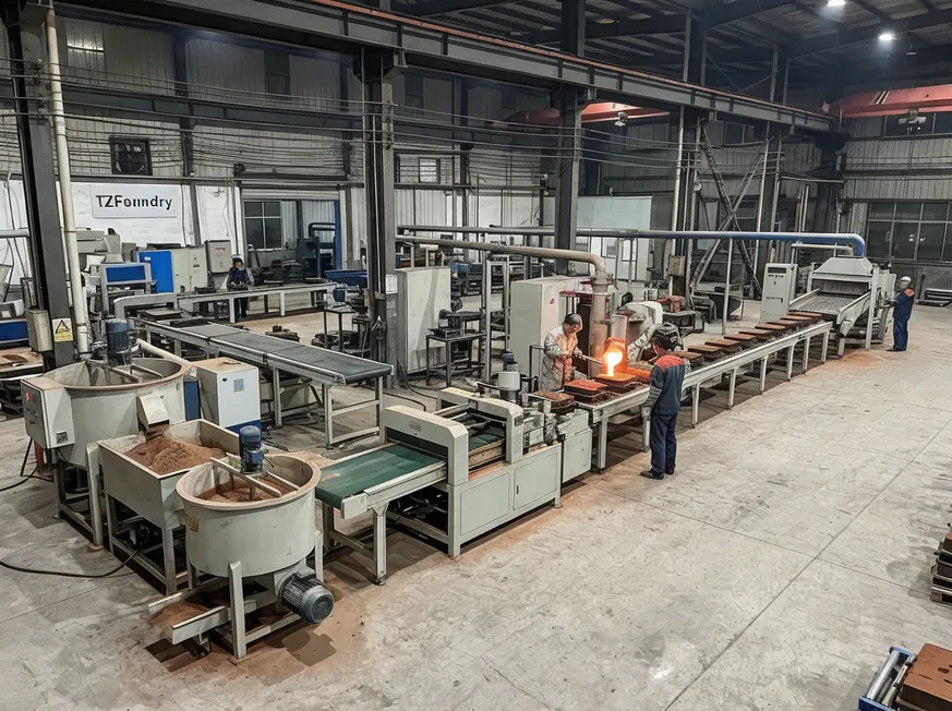 Horizontal flaskless molding line integrated with sand prep, pouring station, cooling conveyor, and shakeout equipment — all on the same plane