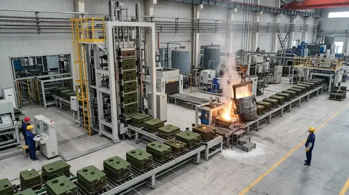 Vertical flaskless clay sand processing line configuration with vertical tower mold forming and horizontal conveyor for pouring