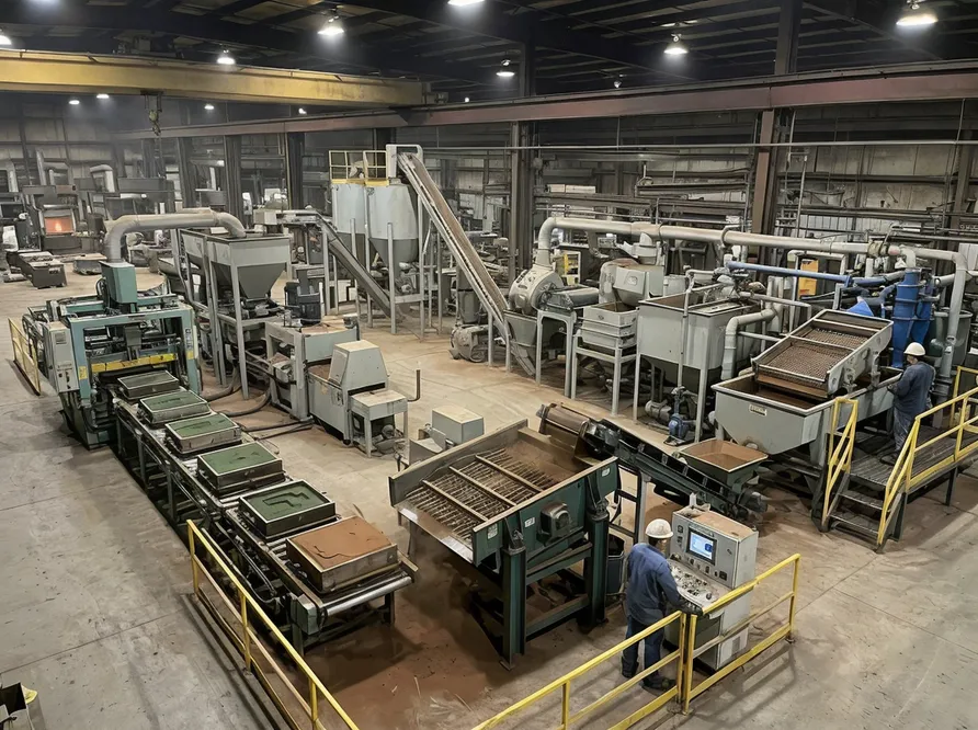 TZFoundry clay sand processing line — integrated molding, reclamation and washing system in a foundry facility