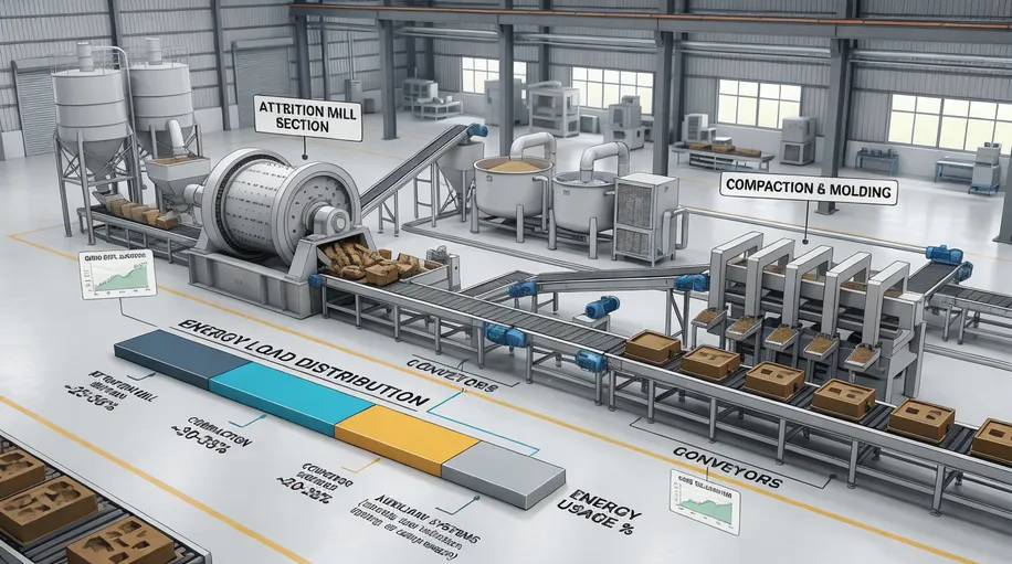 Energy load distribution across a clay sand processing line showing attrition mill, compaction, conveyor motors, and auxiliary systems