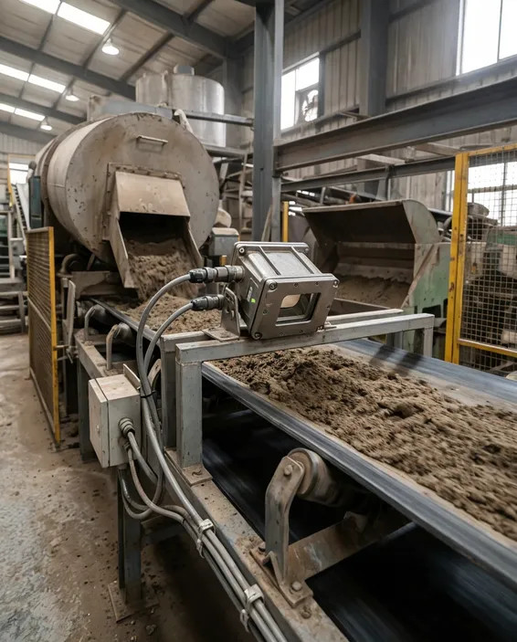 Inline near-infrared clay analyzer installed at mixer discharge conveyor on a clay sand processing line