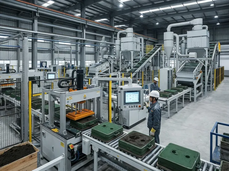 PLC-controlled mid-volume clay sand processing line with servo-driven compaction station and dual reclamation loops — 100 to 200 molds per hour capacity