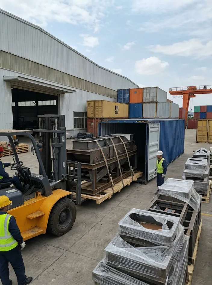 Modular clay sand processing line equipment loaded into shipping containers for transport