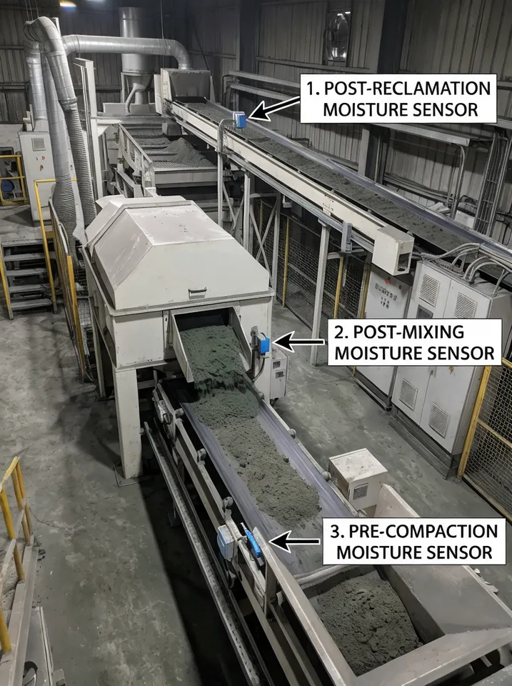 Three-point capacitance moisture sensing locations along a clay sand processing line — post-reclamation, post-mixing, and pre-compaction positions