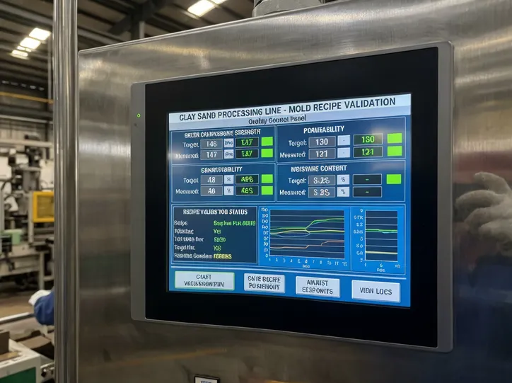 PLC interface showing mold recipe validation parameters for clay sand processing line quality control