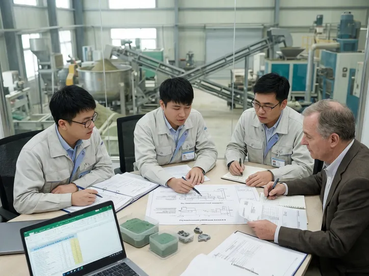 TZFoundry engineering team reviewing clay sand processing line quotation requirements with foundry client