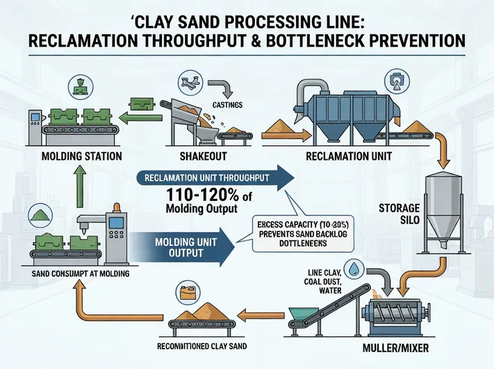 Diagram showing reclamation throughput sized at 110-120% of molding output to prevent sand backlog bottlenecks in a clay sand processing line