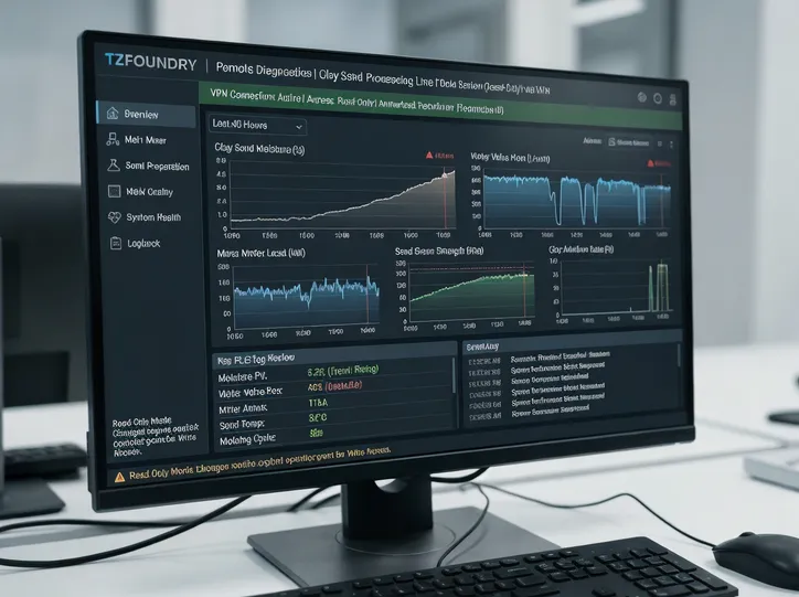 TZFoundry remote diagnostics interface showing PLC data review via VPN for clay sand processing line troubleshooting