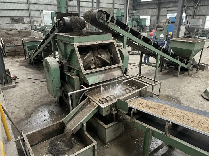 Clay sand reclamation process showing sand passing through attrition mill and washing system