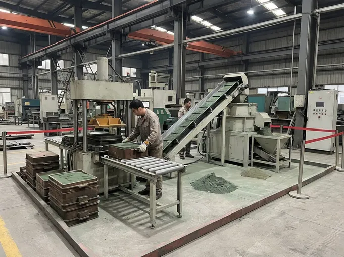 TZFoundry small-batch clay sand processing configuration — 50 to 100 molds per hour with hydraulic compaction molding station and single-loop attrition mill reclamation