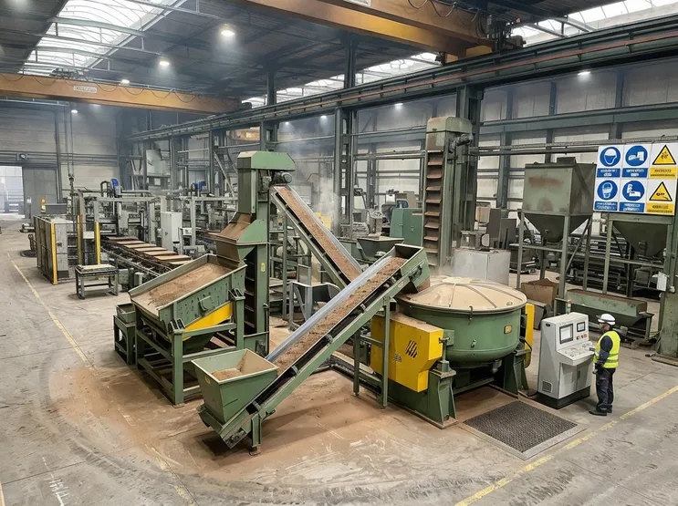 Complete TZFoundry clay sand processing line installed in a European foundry facility, running integrated production