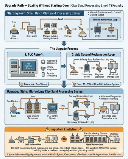 Diagram showing upgrade path from small-batch clay sand processing to mid-volume system with PLC retrofit and second reclamation loop